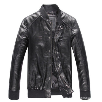 New Fashion Winter europäischen Stil Stehkragen Zip Manschetten Männer Burgund Biker echte Lederjacke